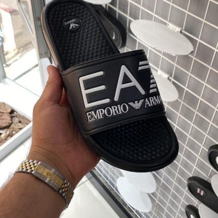 Emporio Armani EA7 black rubber slides with logo strap