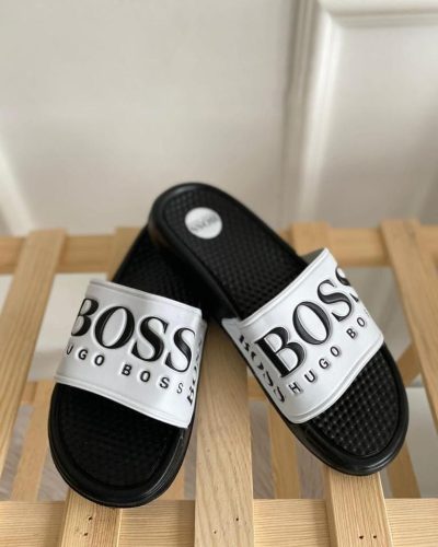 Hugo Boss Paris Men’s Sliders – Bold Logo Strap in Black & White