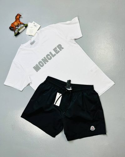 Moncler White T-Shirt and black Shorts Set