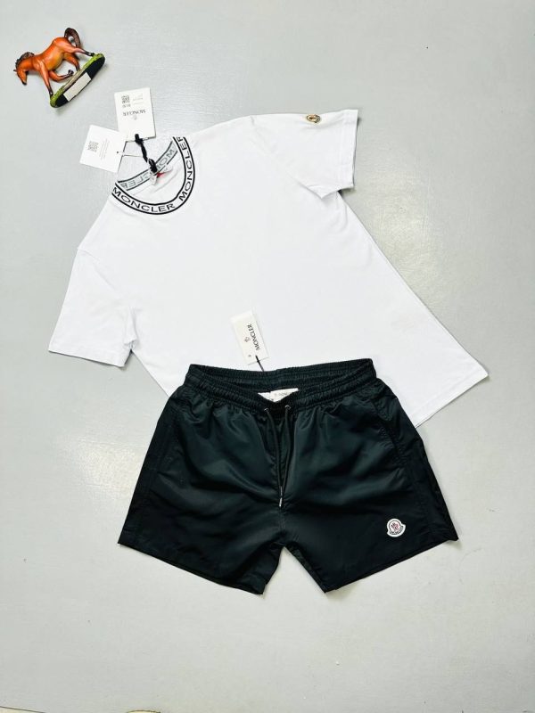 Moncler Crew Neck Collar Logo T-Shirt & Shorts Set white t-shirt with black shorts Moncler Crew Neck Collar Logo T-Shirt & Shorts Set white t-shirt with black shorts