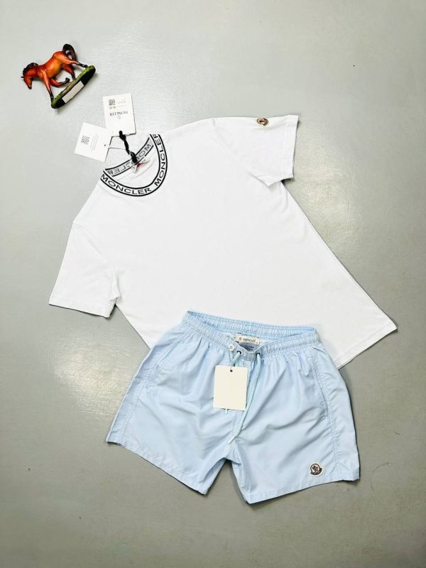Moncler Crew Neck Collar Logo white T-Shirt & blue Shorts Set Moncler Crew Neck Collar Logo white T-Shirt & blue Shorts Set