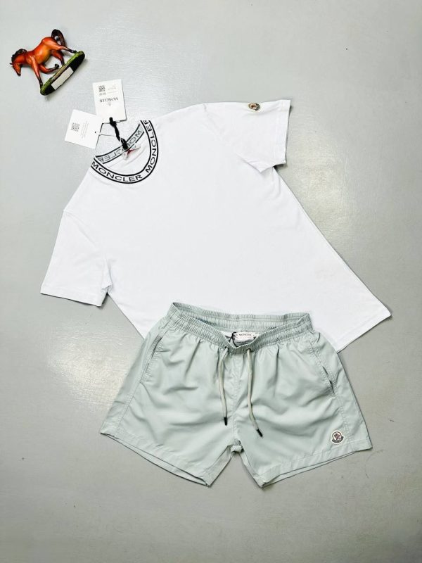 Moncler Crew Neck Collar Logo white T-Shirt & grey Shorts Set Moncler Crew Neck Collar Logo white T-Shirt & grey Shorts Set