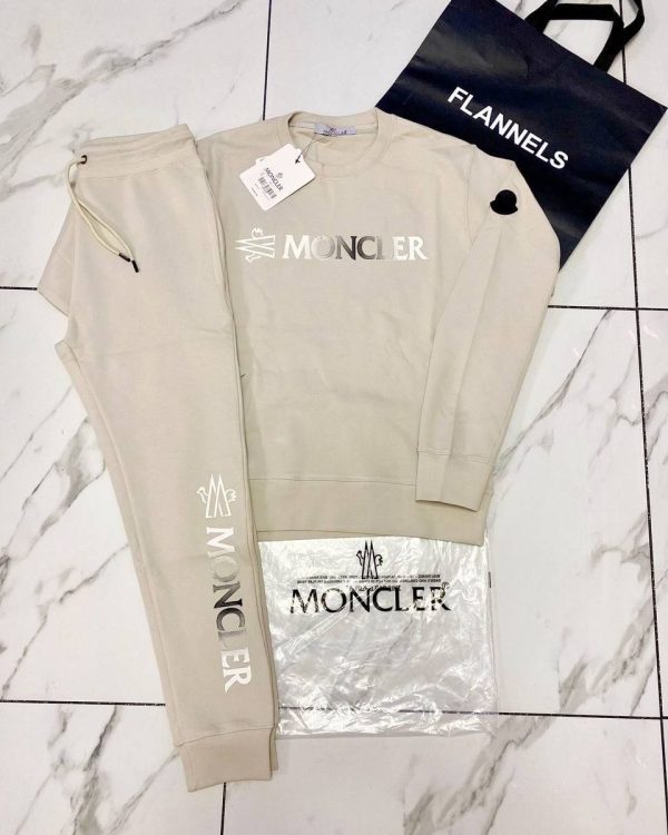 Moncler Logo Printed Crew Neck Tracksuit in beige color
