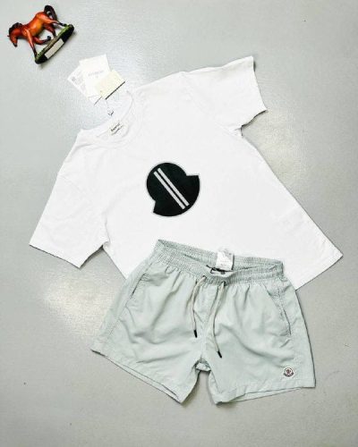 Moncler Logo white T-Shirt & grey Shorts Set for Men