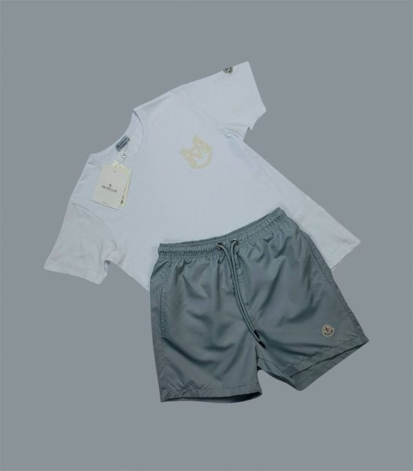 Moncler Luxury Cotton Men’s Logo Print T-Shirt and Shorts white with grey Moncler Luxury Cotton Men’s Logo Print T-Shirt and Shorts white with grey