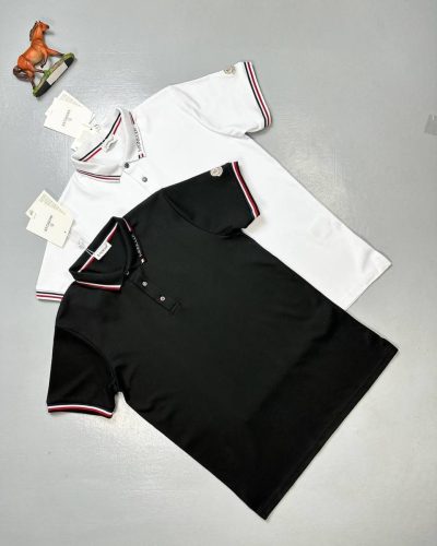 Moncler Men’s Polo Shirt – Black & White with Logo Stripe Collar