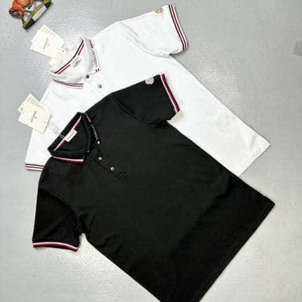 Moncler Men’s Polo Shirt – Black & White with Logo Stripe Collar