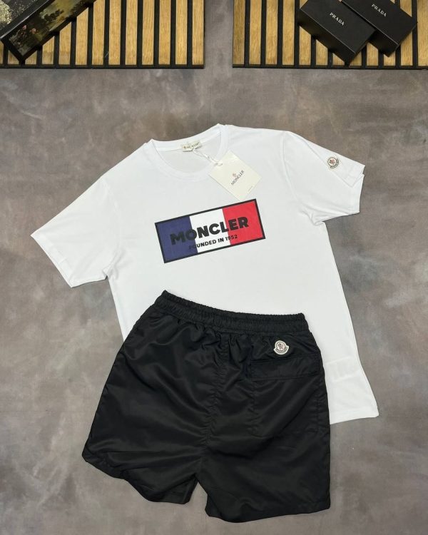 Moncler Men’s white T-Shirt with black plain Shorts Set