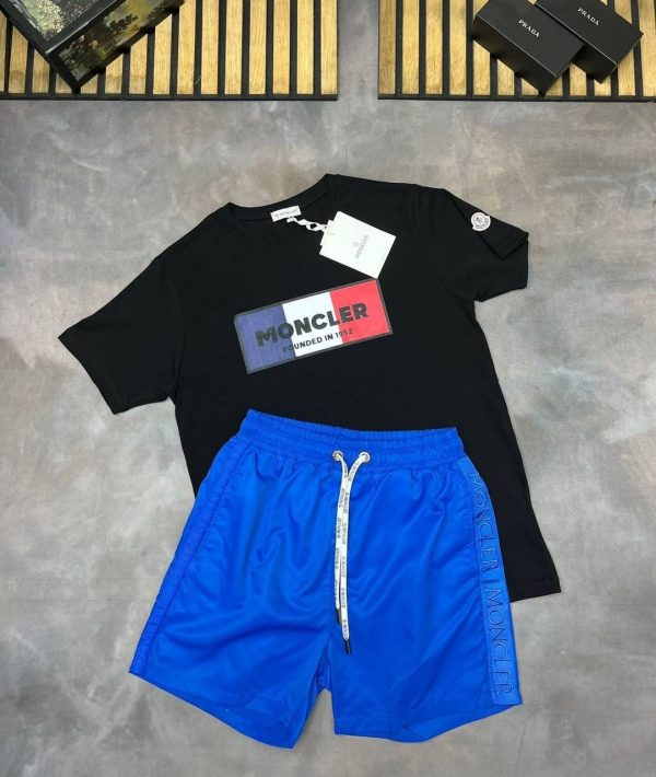 Moncler Men’s black T-Shirt with blue Shorts Set Moncler Men’s black T-Shirt with blue Shorts Set