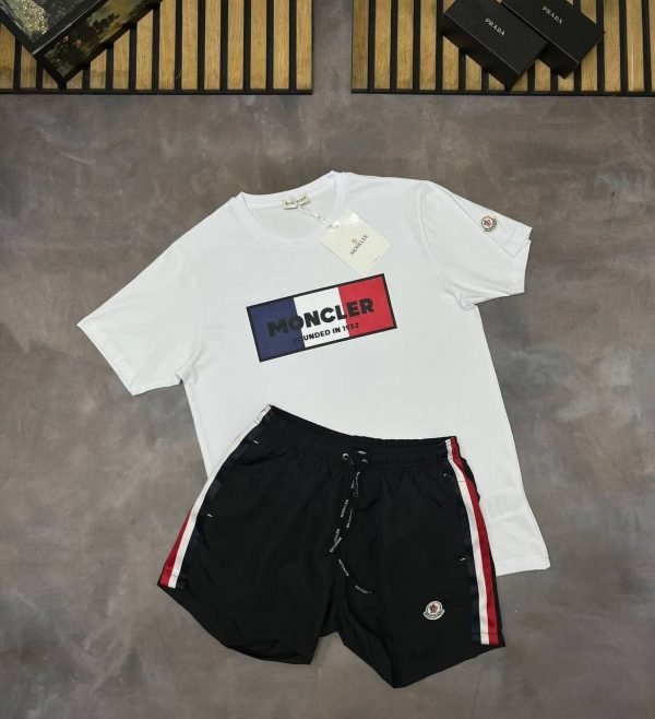 Moncler Men’s white T-Shirt with black side strips Shorts Set