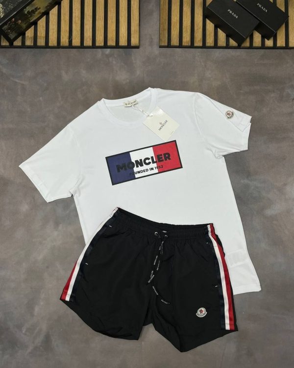 Moncler Men’s white T-Shirt with black side strips Shorts Set