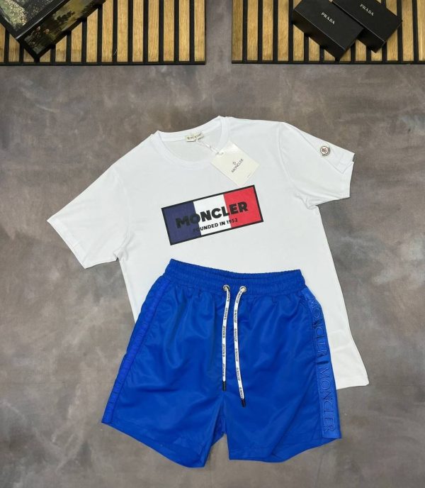 Moncler Men’s white T-Shirt with blue Shorts Set Moncler Men’s white T-Shirt with blue Shorts Set