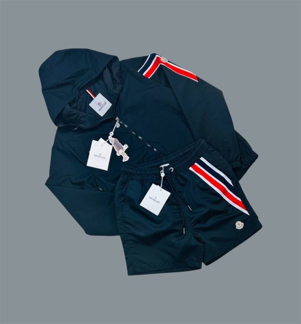 Moncler Men’s Tricolor Jacket & Shorts Set in nany blue color