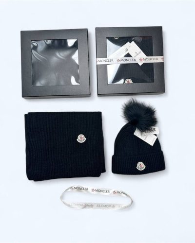 Moncler Ribbed Knit Black Hat & Scarf Set