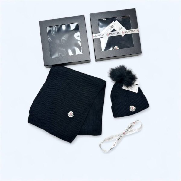 Moncler Ribbed Knit Black Hat & Scarf Set 2 Moncler Ribbed Knit Black Hat & Scarf Set 2