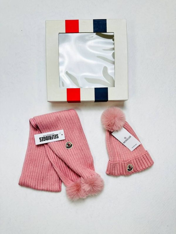 Moncler Ribbed Knit Hat & Scarf Set pink Moncler Ribbed Knit Hat & Scarf Set pink