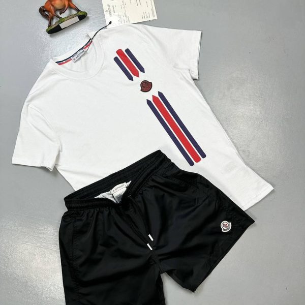Moncler Stripe Logo white T-Shirt & black Shorts Set