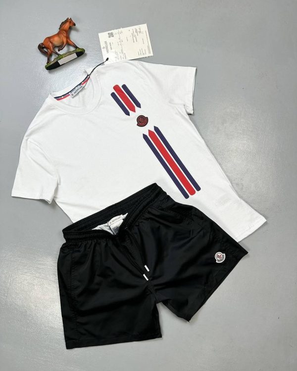 Moncler Stripe Logo white T-Shirt & black Shorts Set
