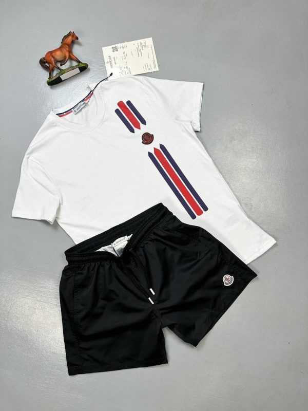 Moncler Stripe Logo white T-Shirt & black Shorts Set Moncler Stripe Logo white T-Shirt & black Shorts Set
