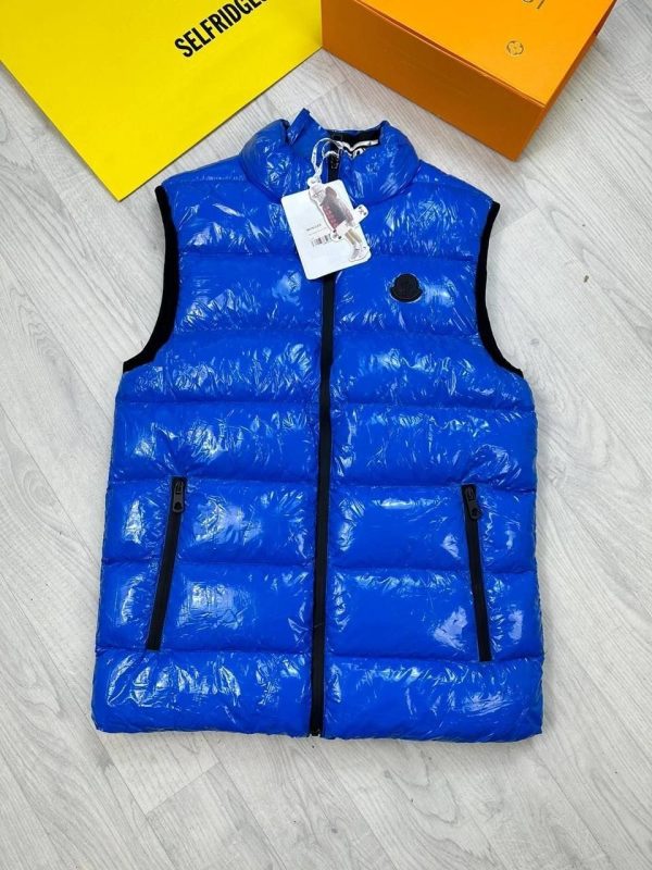 Moncler-Style Sleeveless Bodywarmer – Shiny Finish, Zip Pockets blue Moncler-Style Sleeveless Bodywarmer – Shiny Finish, Zip Pockets