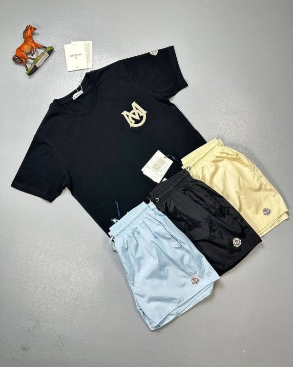 Moncler T-Shirt & Shorts Set – Black, Beige & Turquoise Design 1