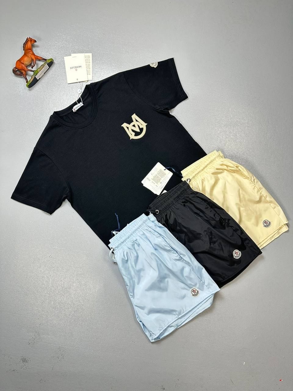 Moncler T-Shirt & Shorts Set – Black, Beige & Turquoise Design 1