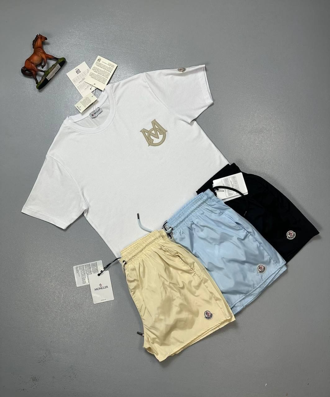 Moncler T-Shirt & Shorts Set – Black, Beige & Turquoise Design 2