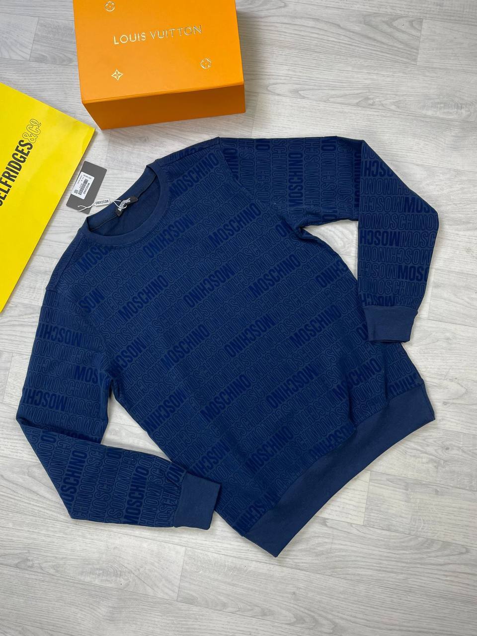 Moschino All Over Logo Jacquard Wool Jumper in blue color