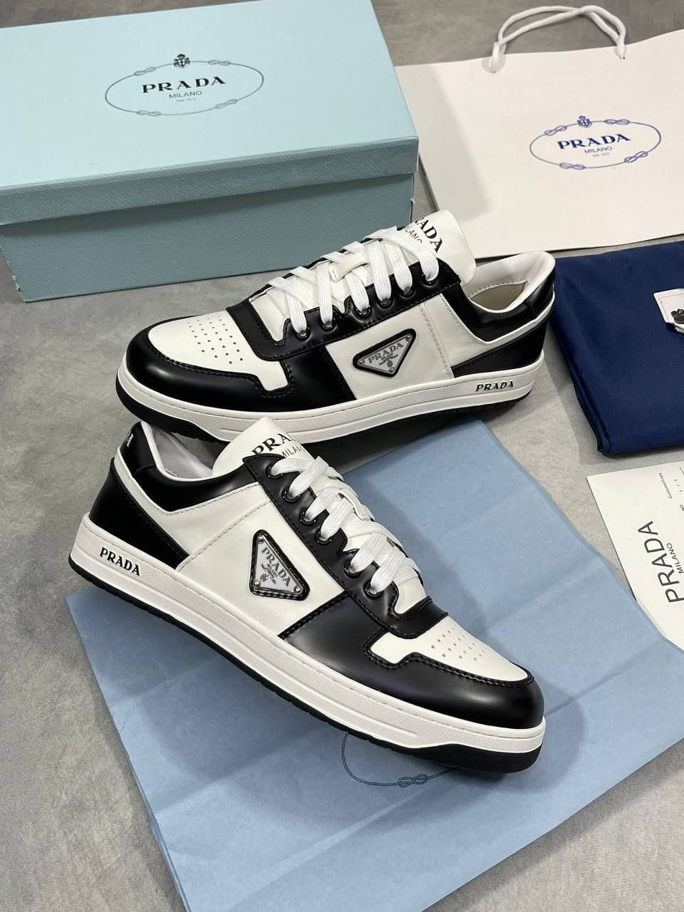 Prada Milano Downtown Leather Trainers for Men – White & Black - Image 4