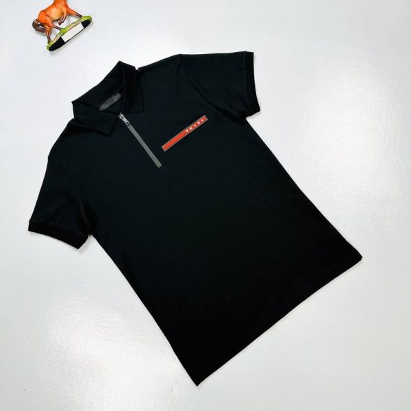 Prada Milano Half Zip-Up Piqué Logo Polo Shirts for Men in black color