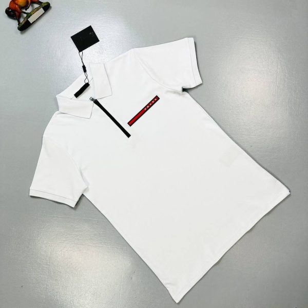 Prada Milano Half Zip-Up Piqué Logo Polo Shirts for Men in white color
