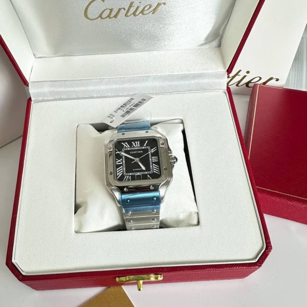 Santos De Cartier Stainless Steel Black Dial LARGE Men's Watch