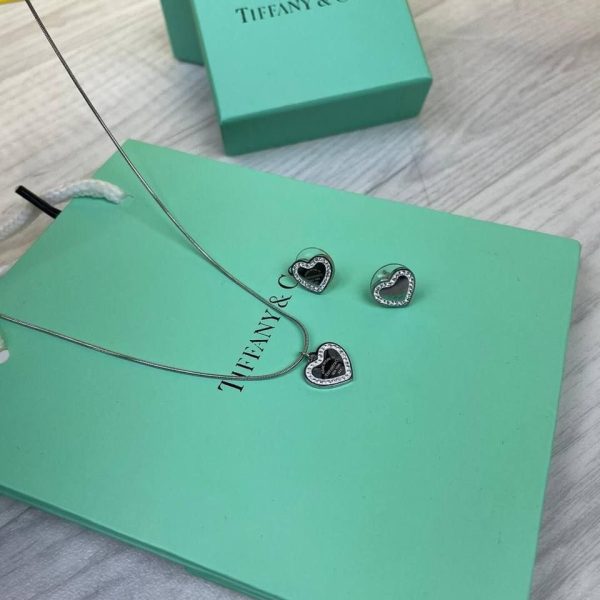Tiffany & Co. Black Heart Necklace & Earrings Set