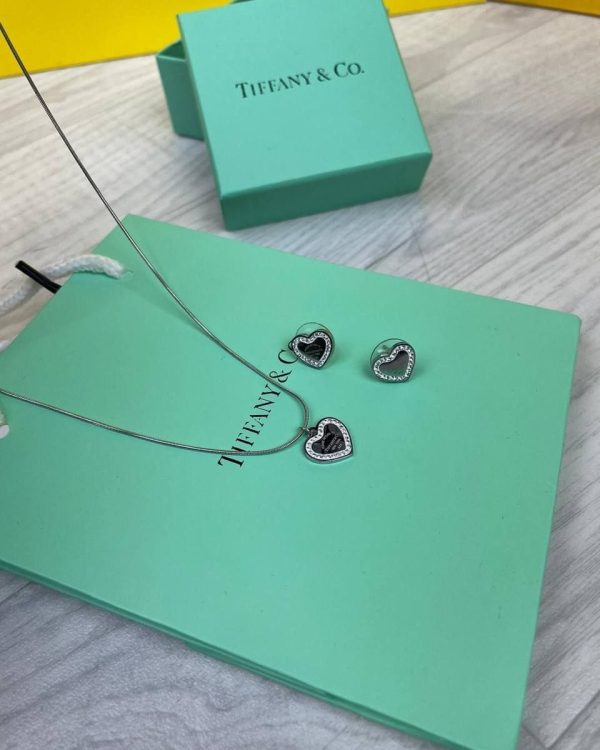 Tiffany & Co. Black Heart Necklace & Earrings Set