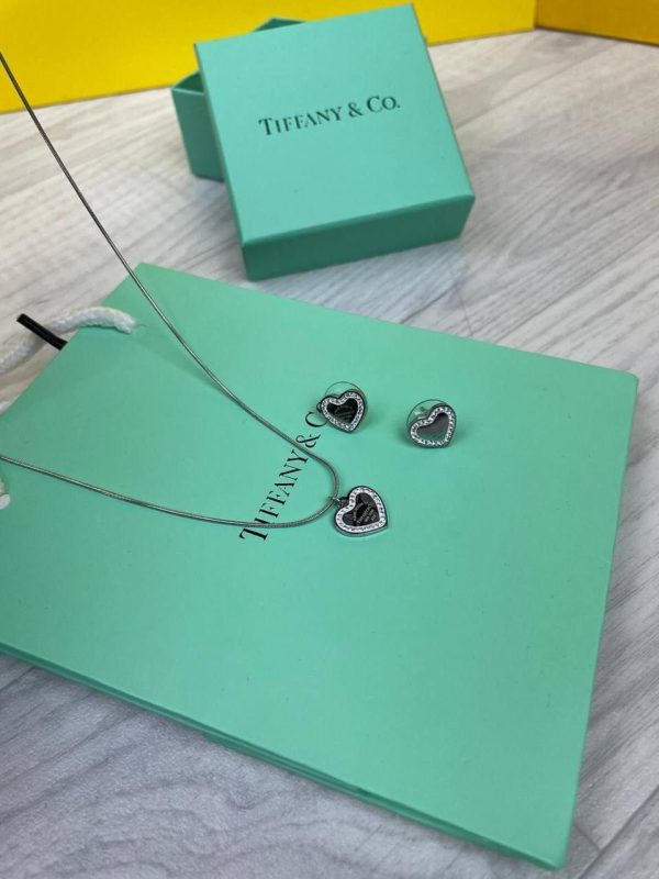 Tiffany & Co. Black Heart Necklace & Earrings Set