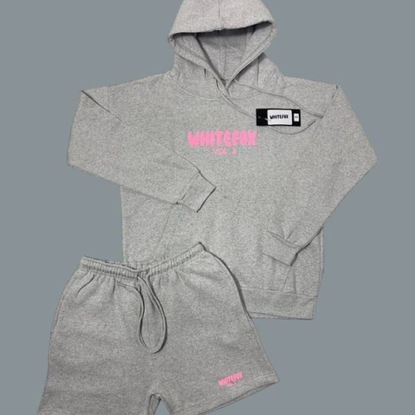 White Fox Hoodie & Shorts Set for Women – in grey color