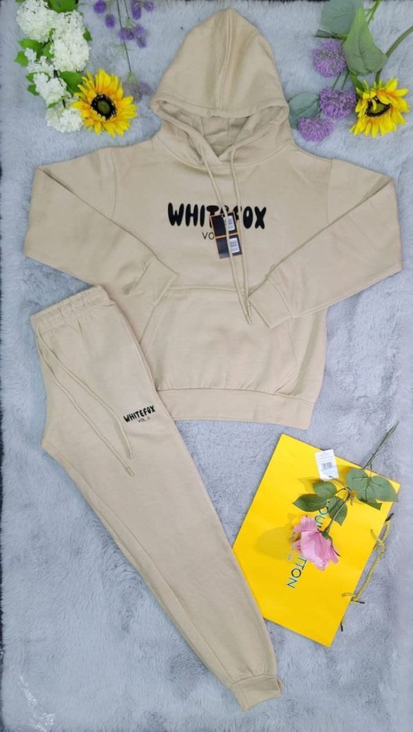 White Fox Logo Hoodie Tracksuit Set for Women – in beige Color White Fox Logo Hoodie Tracksuit Set for Women – in beige Color
