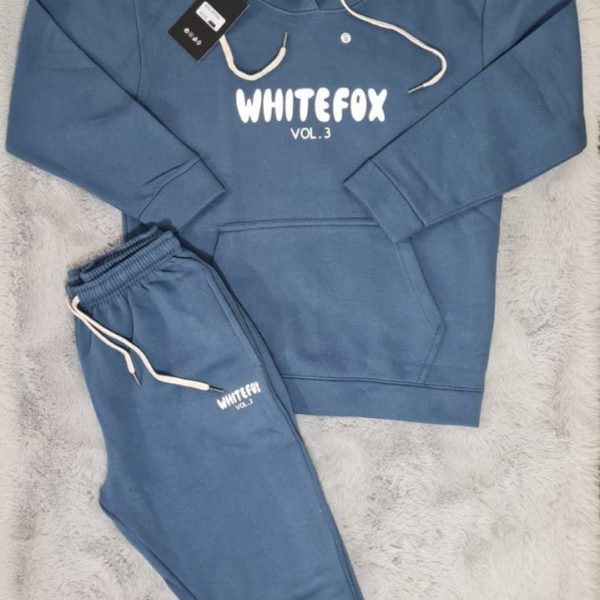 White Fox Two-Piece Hoodie Tracksuit – Graphic Print in blue color