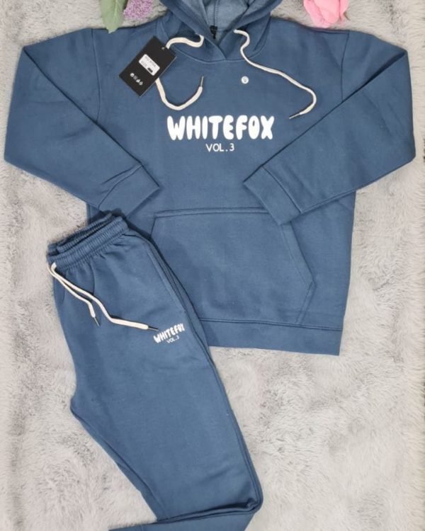 White Fox Two-Piece Hoodie Tracksuit – Graphic Print in blue color