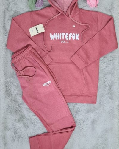 White Fox Two-Piece Hoodie Tracksuit – Graphic Print in pink color