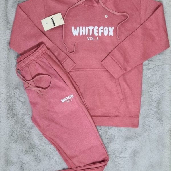 White Fox Two-Piece Hoodie Tracksuit – Graphic Print in pink color