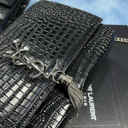 YSL Black Croc-Embossed Leather Shoulder Bag