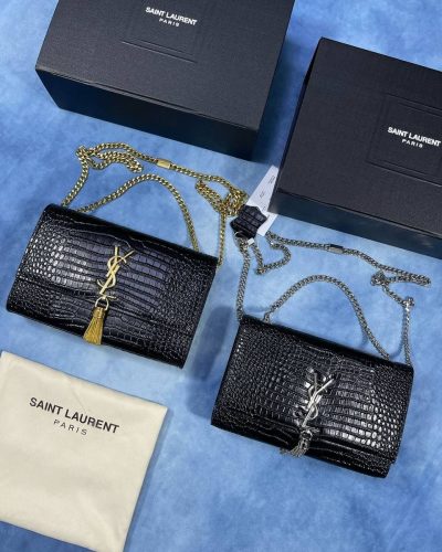 YSL Black Croc-Embossed Leather Shoulder Bag