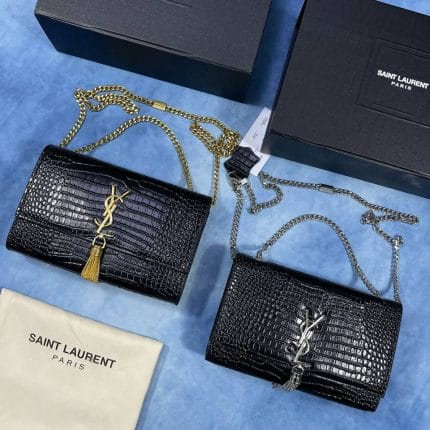 YSL Black Croc-Embossed Leather Shoulder Bag