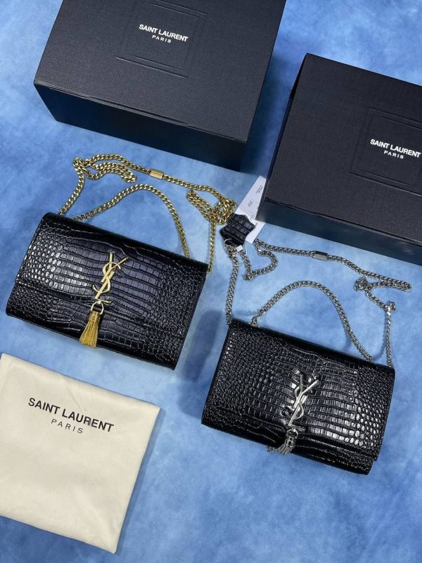 YSL Black Croc-Embossed Leather Shoulder Bag