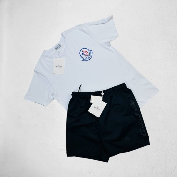 Moncler Logo Print Crew Neck T-Shirt & Shorts Set white t-shirt with black short