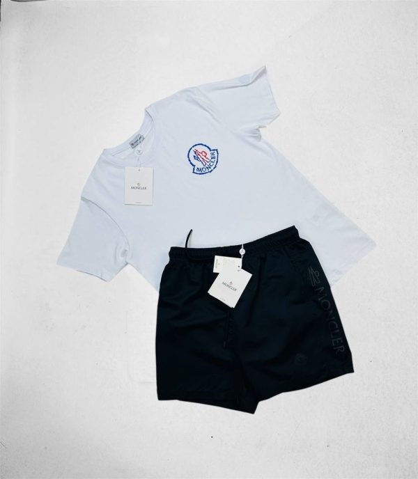 Moncler Logo Print Crew Neck T-Shirt & Shorts Set white t-shirt with black short Moncler Logo Print Crew Neck T-Shirt & Shorts Set white t-shirt with black short