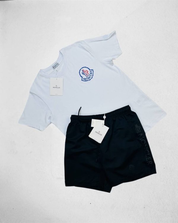 Moncler Logo Print Crew Neck T-Shirt & Shorts Set white t-shirt with black short