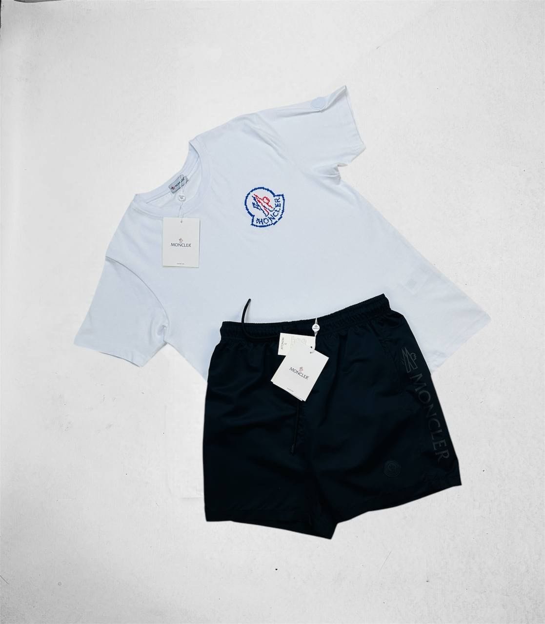 Moncler Logo Print Crew Neck T-Shirt & Shorts Set white t-shirt with black short