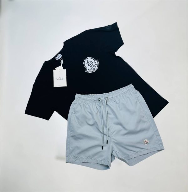 Moncler Logo Print Crew Neck T-Shirt & Shorts Set black t-shirt with grey short Moncler Logo Print Crew Neck T-Shirt & Shorts Set black t-shirt with grey short